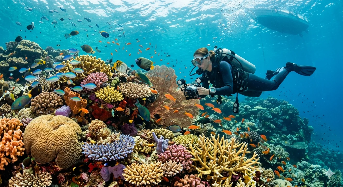 Buceador explorando un arrecife de coral